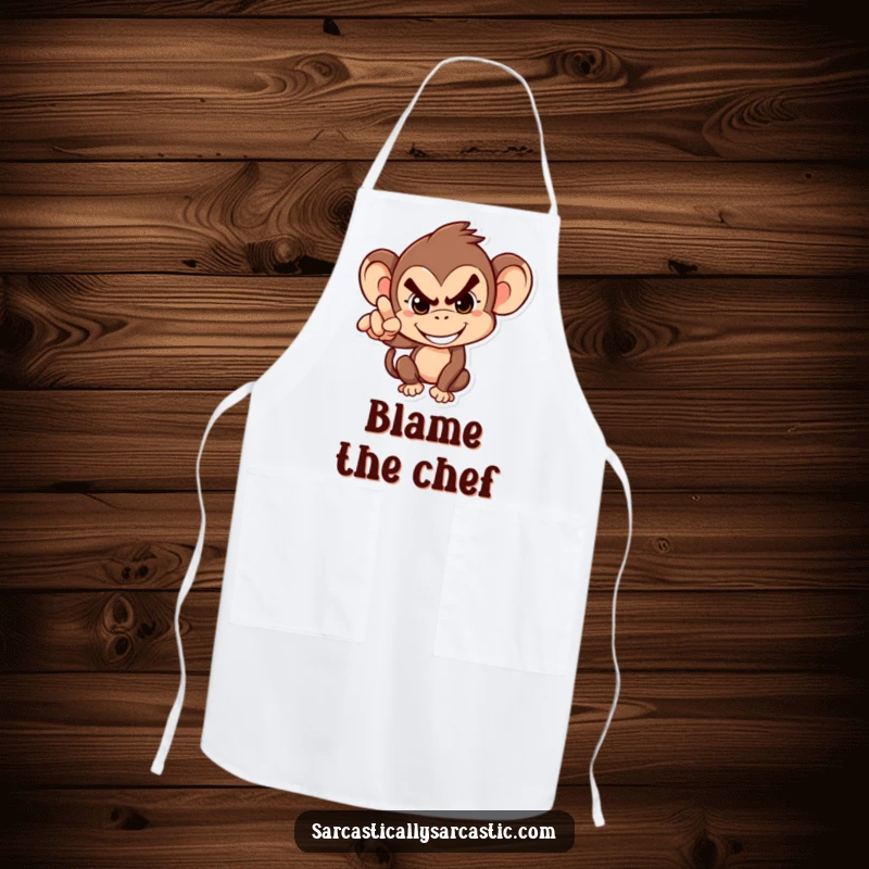 Funny Apron: Mischievous monkey grinning and pointing accusingly, a humorous and practical accessory for the playful chef.