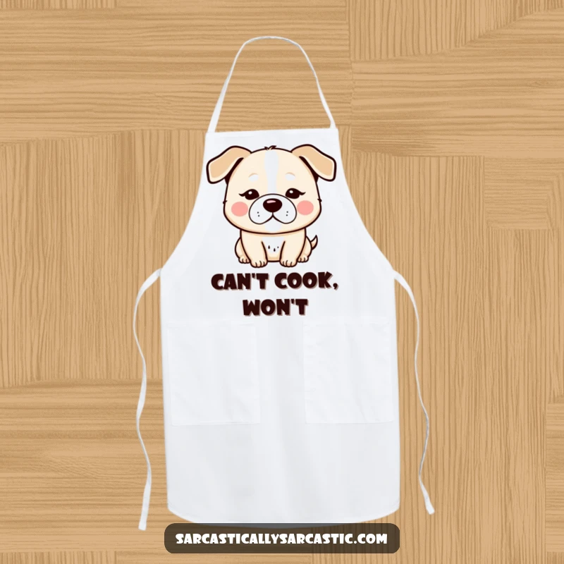 Funny kawaii dog apron, designed for kitchen fun, with a character humorously sporting a deadpan expression and droopy ears.