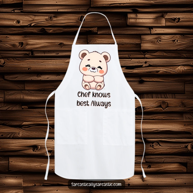 Funny apron featuring a kawaii bear with crossed arms and a mischievous, amused smirk while cooking.