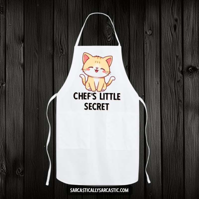 Funny apron showing a kawaii cat with a smirk, playfully flicking its tail, a mischievous and humorous kitchen accessory.