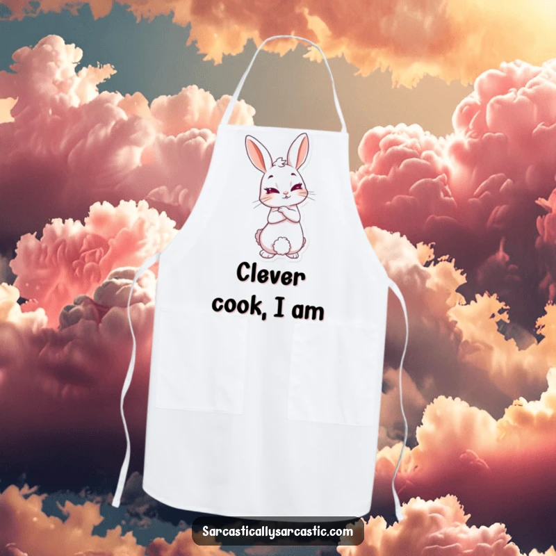 Funny knowing rabbit apron showing a sly rabbit with a knowing smirk, perfect for kitchen adventures and adding a touch of humor.