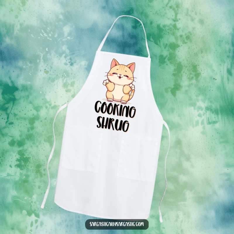 Funny apron showing a kawaii cat innocently shrugging its front paws, a casual and humorous kitchen accessory.