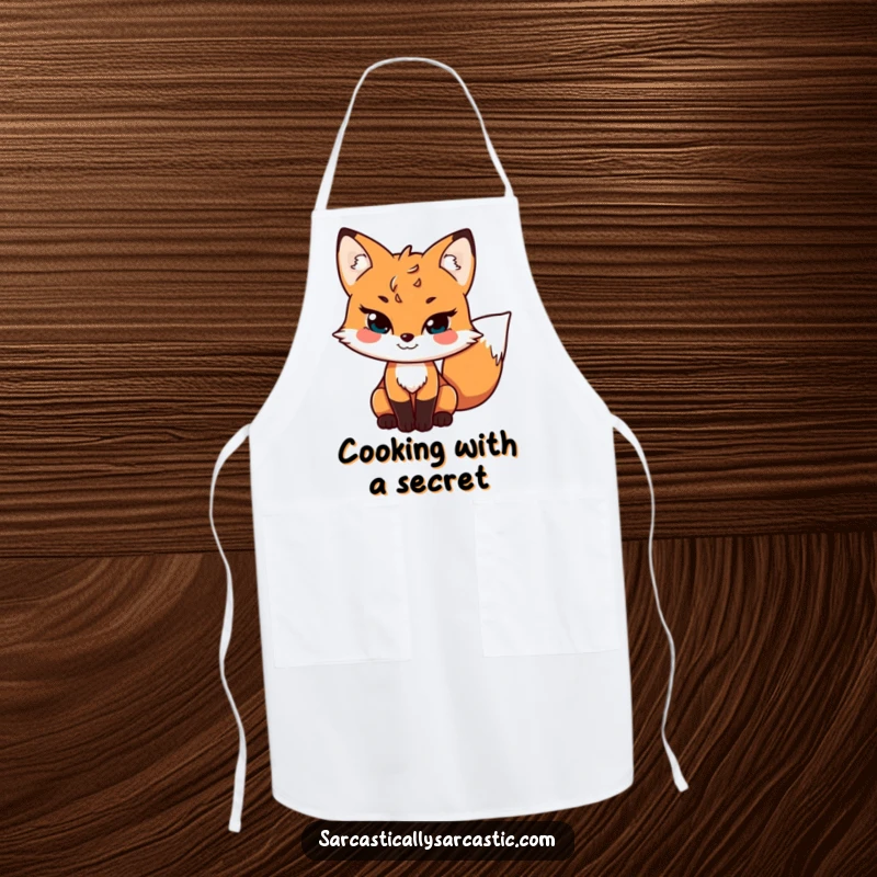 Funny apron featuring a sly fox with a mischievous grin and wagging tail, ideal for kitchen use, adding playful charm to cooking.