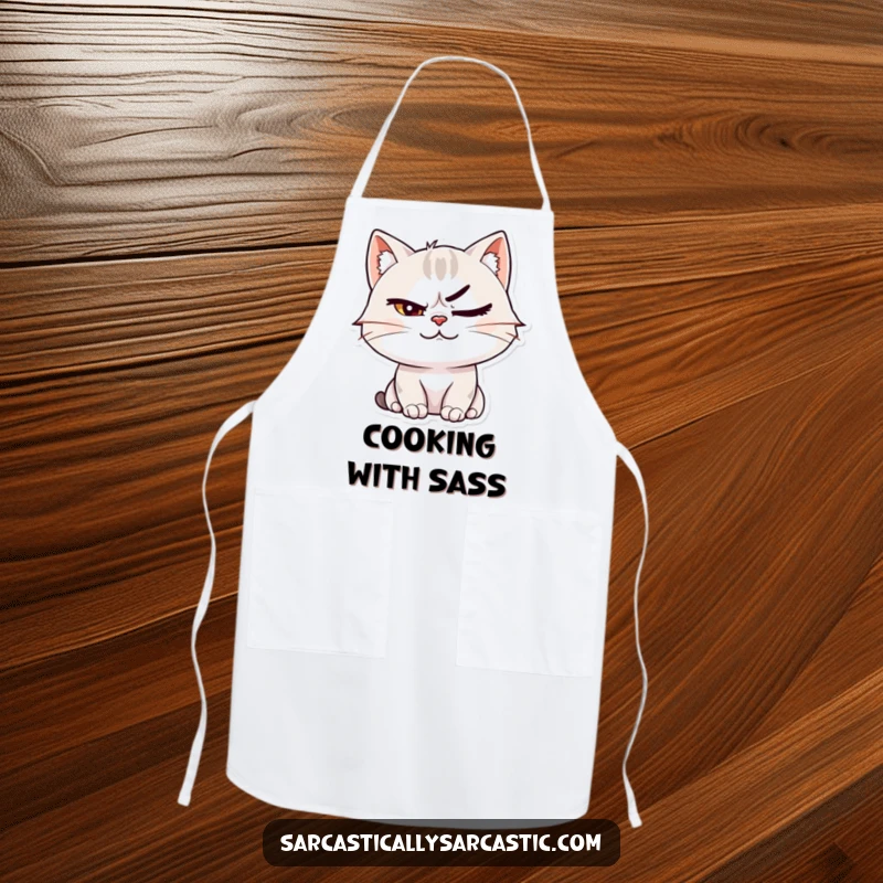 Funny cat character smirking with a raised eyebrow on a kitchen apron, adding feline confidence and humor to cooking.