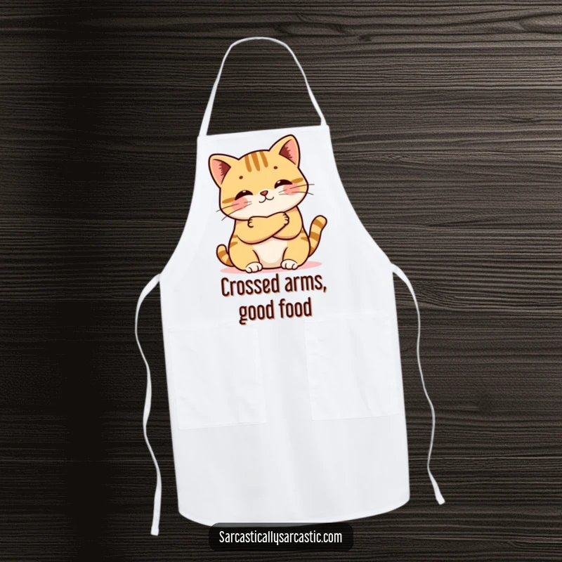 Funny apron with a kawaii cat defiantly crossing its arms and pouting, ideal for cooks who enjoy humorous and sassy kitchen attire.