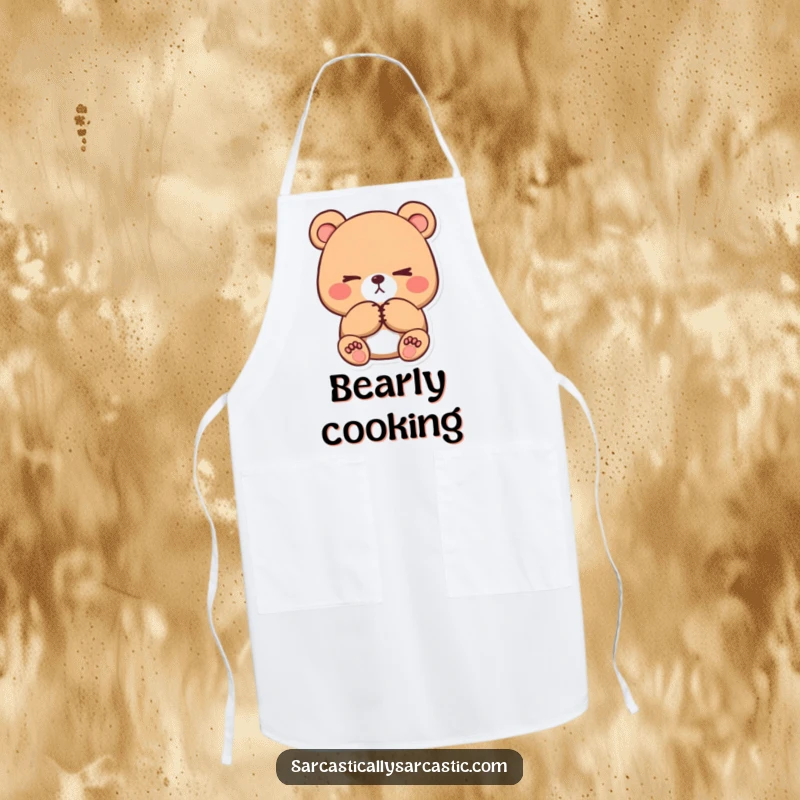 Funny kawaii bear apron, featuring a cute character with crossed paws and a subtle eye-roll, for kitchen use.