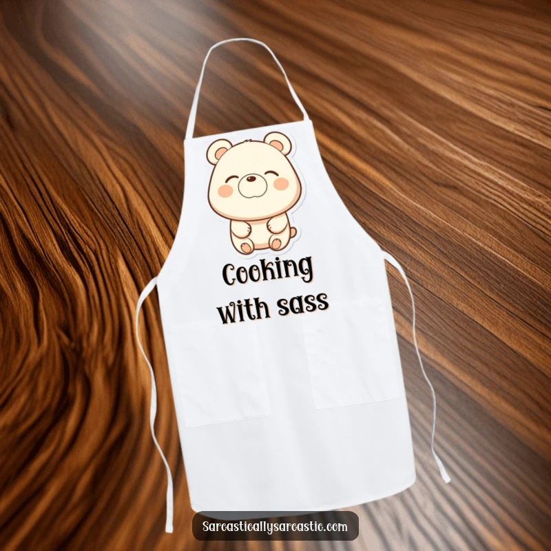 Funny bear apron with a subtle eye-roll and a slight smirk, perfect for kitchen moments of understanding.