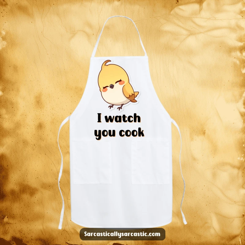 Funny apron with a small bird character cocking its head and displaying a subtle, knowing, and slightly smug smirk.