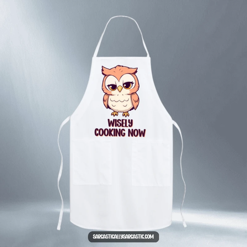 Funny chef apron with a curious, sarcastic owl tilting its head, great for witty cooks and bakers.