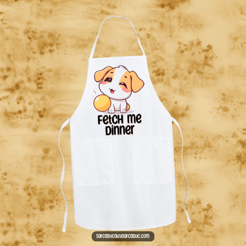 Funny dog apron depicting a playful eye-roll at a falling ball, ideal for dog owners who want to add humor to their kitchen attire.