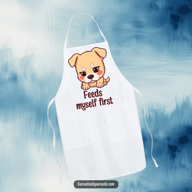 Funny dog apron showing a dog raising one eyebrow with a knowing, amused expression. Perfect for the kitchen.