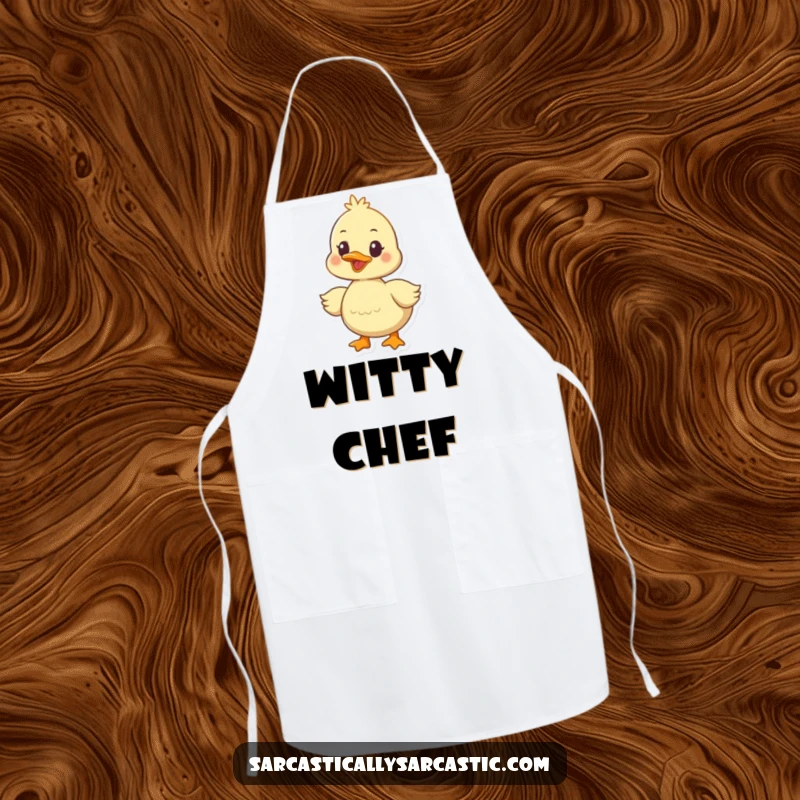 Funny duckling apron showing a cheerful quacker with a confident, knowing look, ready to add humor to meal prep.