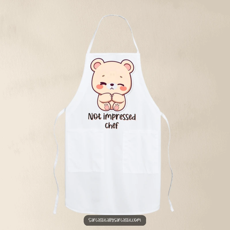 Funny eye-roll kawaii bear apron, character with crossed arms and a subtle eye-roll, great for cooking or crafting.