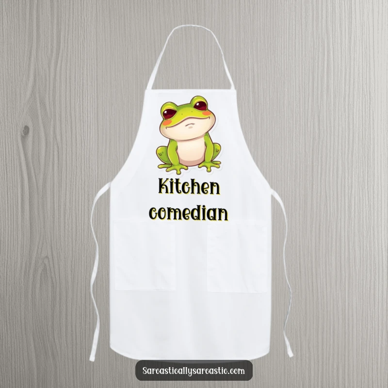 Funny Frog Apron: A frog gives a dry, amused chuckle with a raised brow, perfect for a humorous cooking experience.