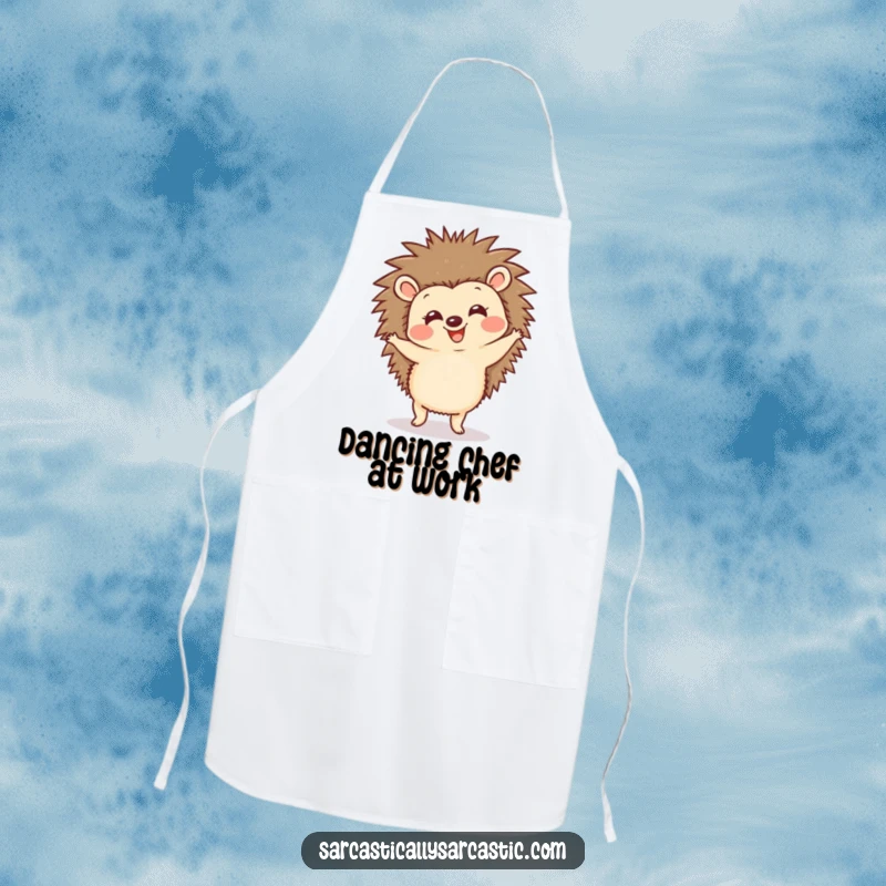 Funny hedgehog apron depicting a happy, spiky creature doing a comical dance, great for adding humor to cooking and baking.