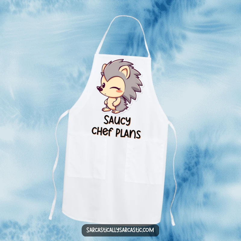 Funny apron depicting a hedgehog character looking sideways with a hint of a smirk, perfect for a delightfully mischievous cook.