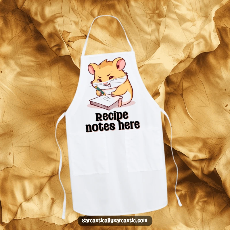 Funny apron showing a hamster furiously scribbling on a tiny notepad with a smirk, perfect for creative cooks.