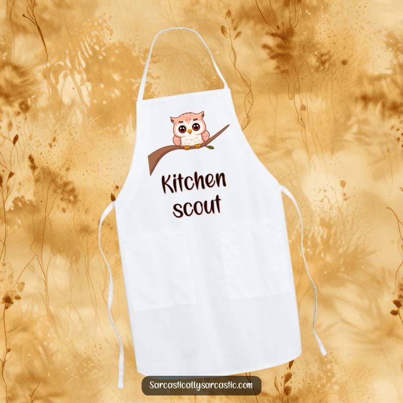 Funny owl apron showing a curious owl peeking from behind a branch, ready for kitchen adventures.
