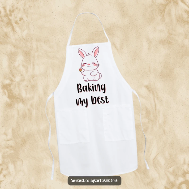 Funny rabbit apron showing a rabbit with a knowing smile offering a wilting flower. Perfect for the kitchen.
