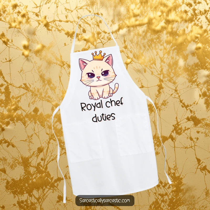 Funny apron featuring a cute, crowned cat character with a deadpan stare; ideal for a regal, humorous kitchen.