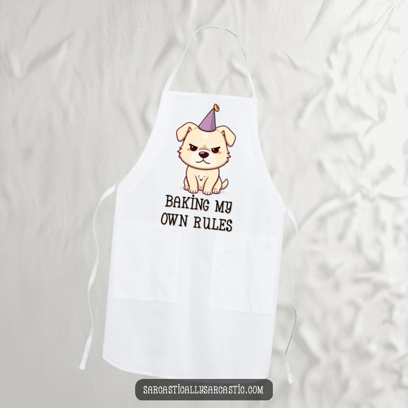 Funny dog apron with a sarcastic dog wearing a small party hat, giving a cheeky, knowing smirk.