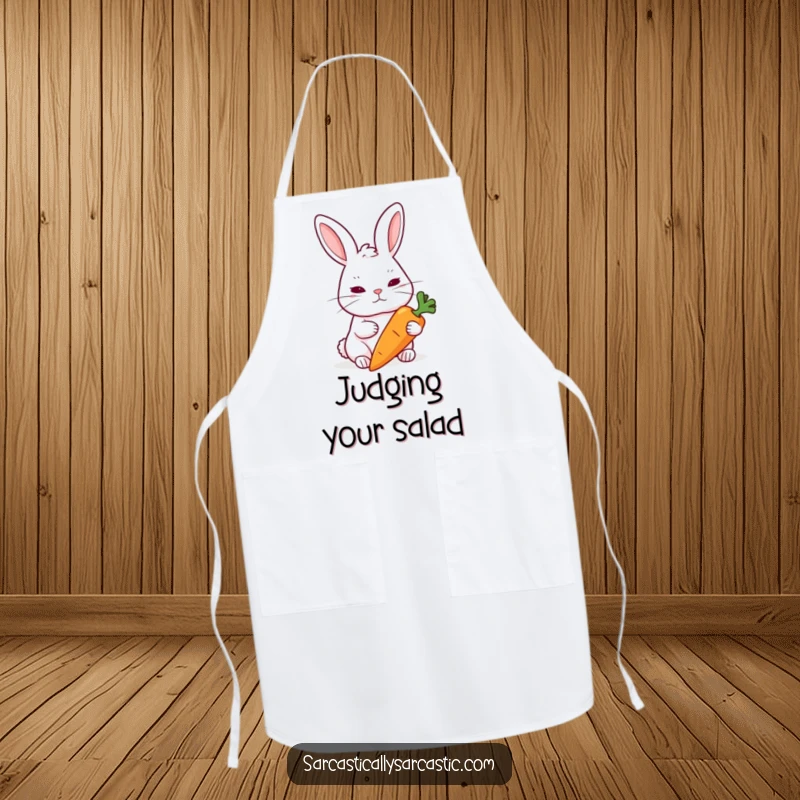 Funny Rabbit Apron: A rabbit raises an eyebrow skeptically at a carrot, bringing humorous doubt to cooking.