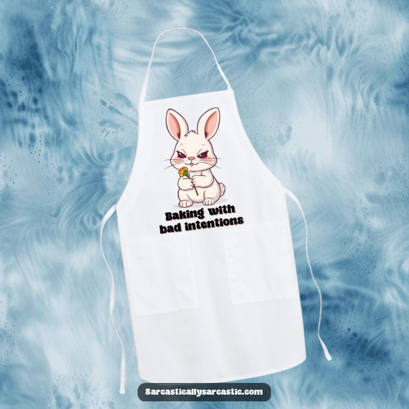 Funny apron with a sly rabbit grinning and holding a tiny, wilted flower, great for playful cooks, a funny gift.