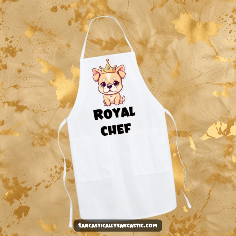 Funny Apron showcasing a kawaii dog wearing a crown with an unimpressed look, perfect for adding regal sass to kitchen tasks.