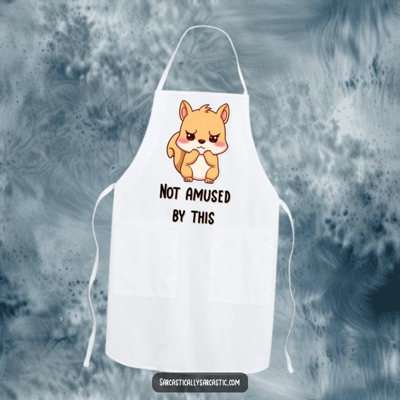 Funny unimpressed kawaii squirrel apron, character clutching cheeks with a unimpressed look, ideal for kitchen or crafting.