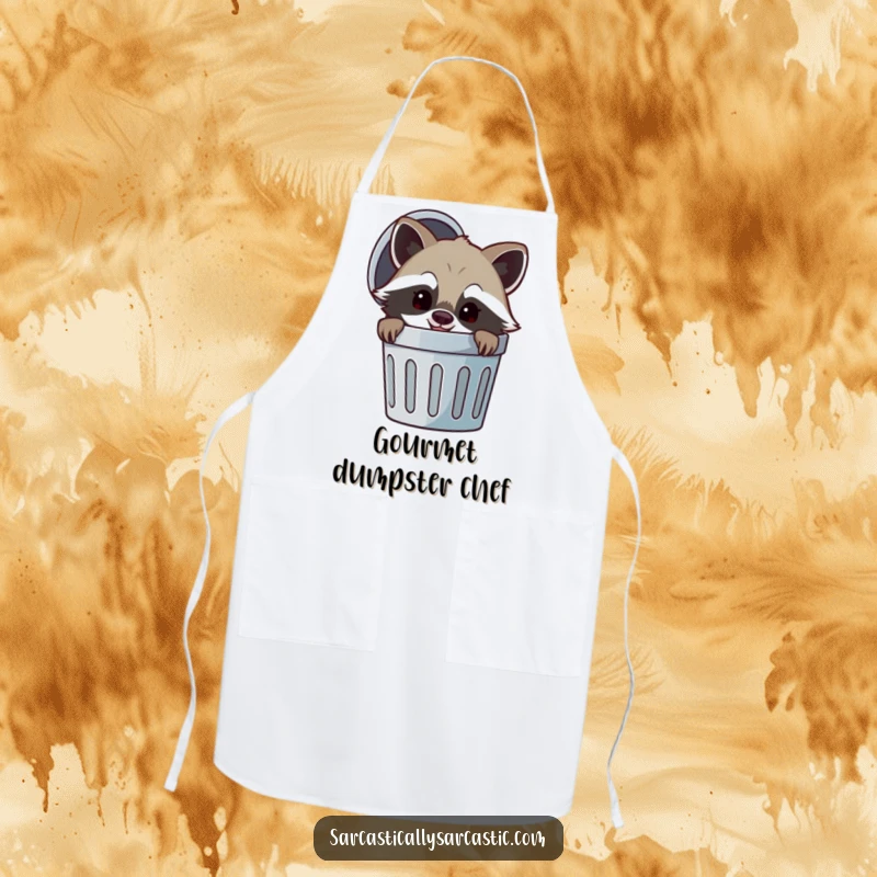 Funny apron featuring a cheerful raccoon peeking from a trash can with a mischievous smirk, ideal for kitchen use, adding playful charm to cooking.