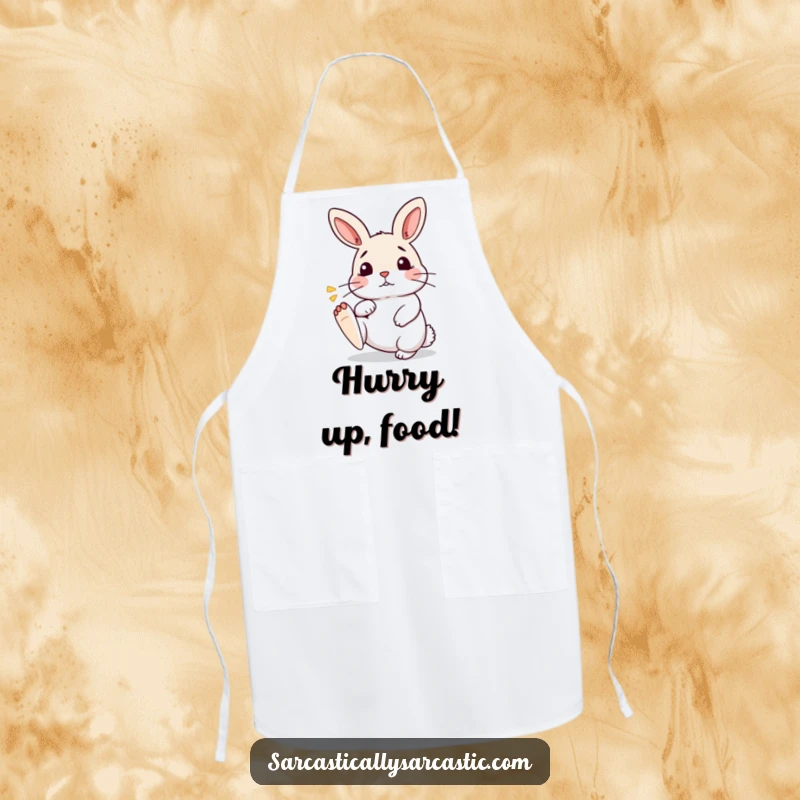 Funny Kawaii Rabbit Apron: A cute bunny taps its foot impatiently while cooking, a funny kitchen accessory for gifts.