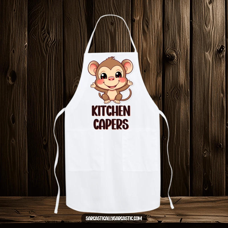 Funny monkey apron featuring a cheeky primate making a hilarious, funny face, ready for kitchen fun.