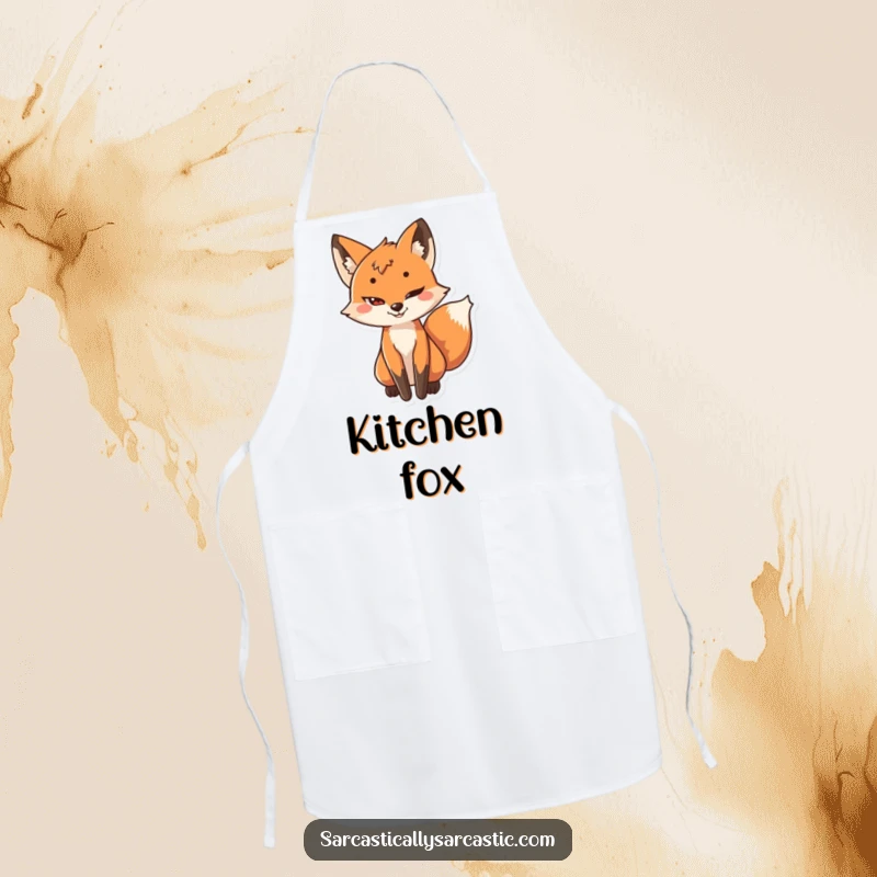 Funny apron with a playful fox character sporting a sly grin and its tail subtly wagging, hinting at a clever recipe.