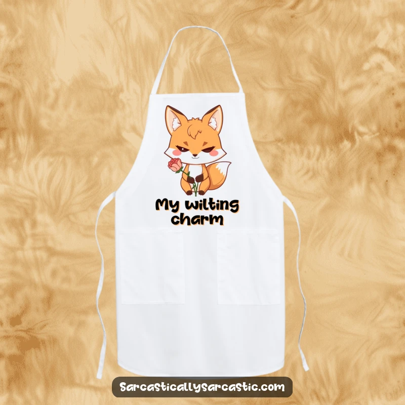 Funny apron with a sly fox character, a cheeky grin, and a wilted flower, ideal for kitchen humor.