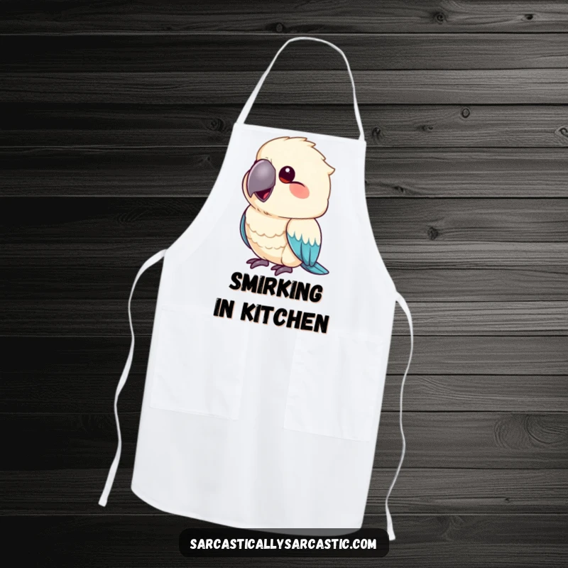 Funny apron showing a parrot mimicking a smirk with its beak slightly upturned, perfect for the sassy chef.