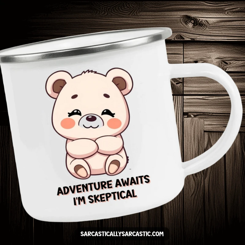 Funny camping mug with a cute kawaii bear character, arms crossed, and a charmingly amused smirk.