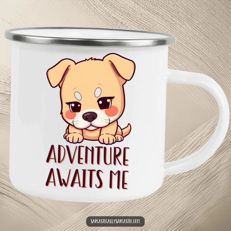 Funny dog camping mug with a dog raising one eyebrow, looking amused and knowing. Great for outdoor trips.
