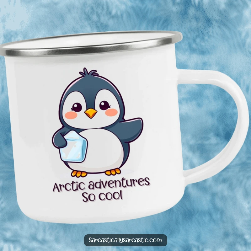 Funny camping mug with a cute kawaii penguin character, a tiny smirk, and a single ice cube.