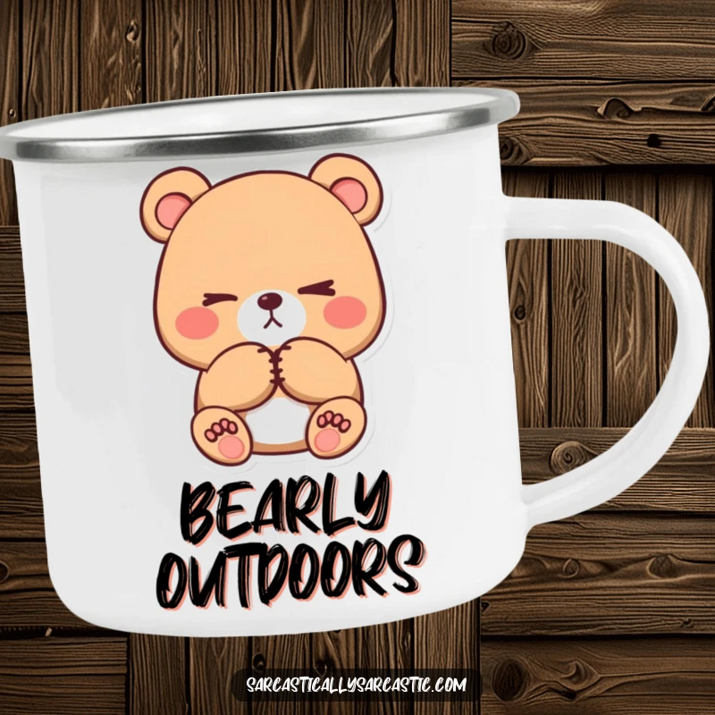 Funny kawaii bear camping mug, featuring a cute character with crossed paws and a subtle eye-roll for outdoor use.