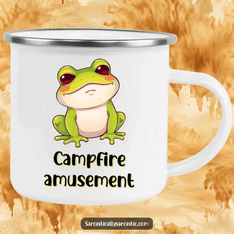 Funny Frog Camping Mug: A frog gives a dry, amused chuckle with a raised brow, ready for outdoor wit.