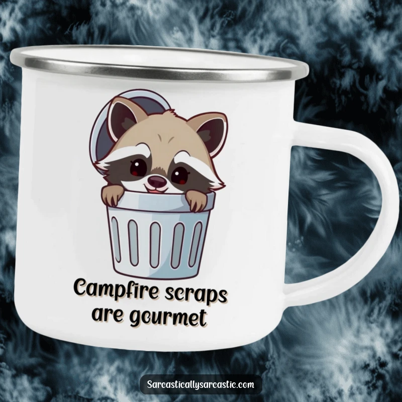 Funny enamel camping mug with a cheerful raccoon character, peeking from a trash can with a mischievous smirk, perfect for outdoor use.
