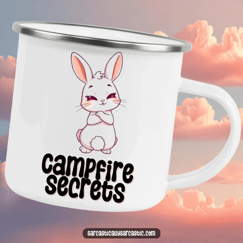 Funny knowing rabbit camping mug with a sly rabbit leaning back with a knowing smirk, perfect for outdoor escapades and witty moments.