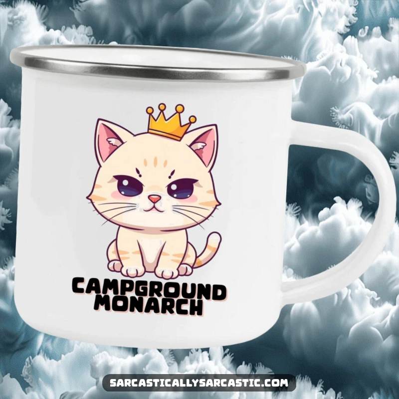 Funny camping mug featuring a cute, crowned cat character with a deadpan stare; perfect for outdoor, regal humor.