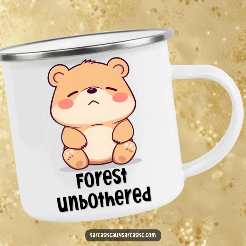 Funny bear camping mug with a bear shrugging its shoulders and a smirk. Great for any outdoor trip.
