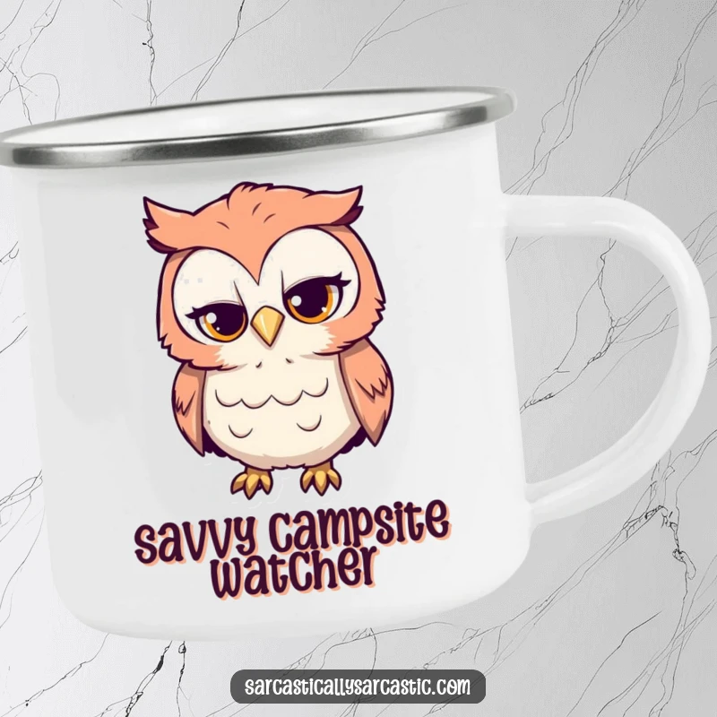 Funny enamel camping mug with a curious owl's sarcastic head tilt, perfect for witty adventurers outdoors.
