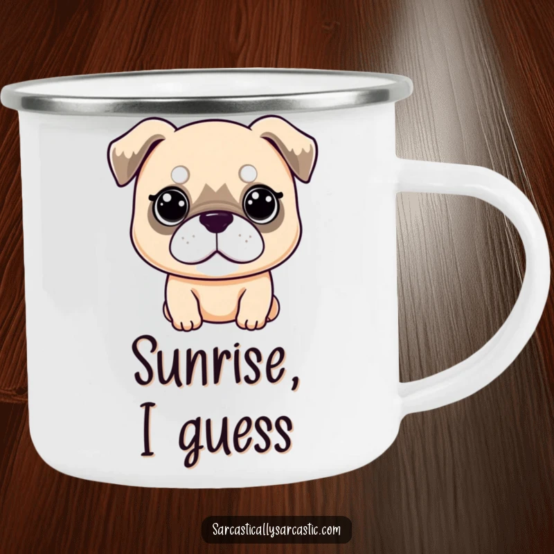Funny Camping Mug: Kawaii dog with a deadpan expression and droopy ears during outdoor adventures, embodying a hilariously unimpressed spirit, a great funny gift.