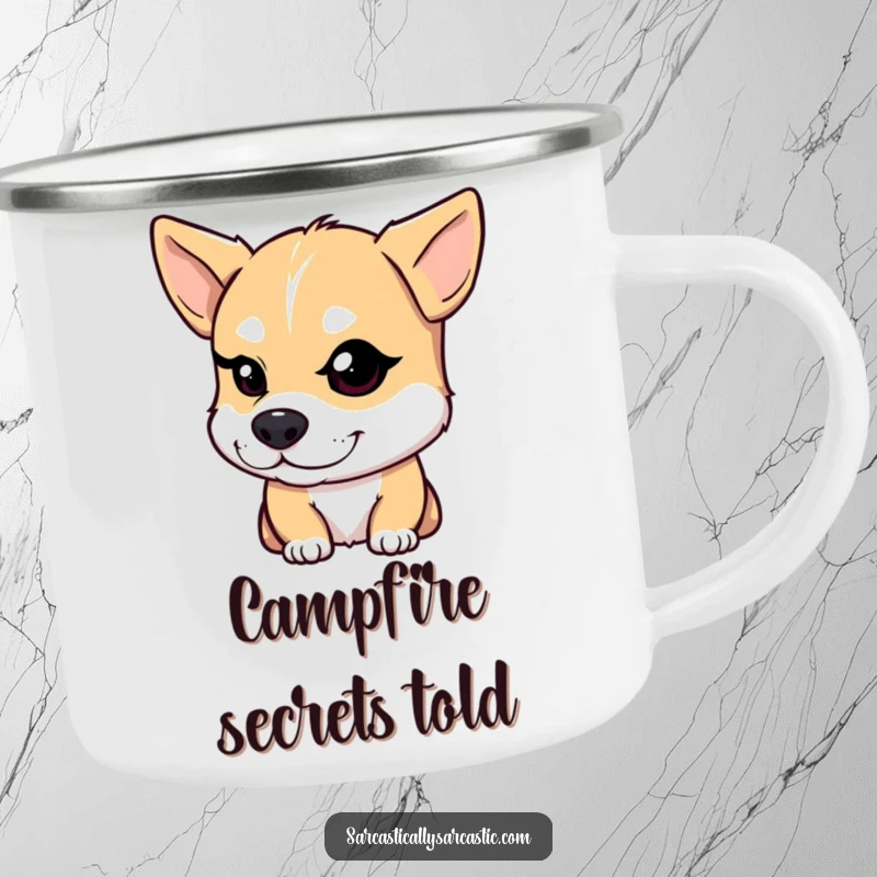 Funny Dog Camping Mug: A dog with a knowing smirk winks one eye, ready for outdoor humor.