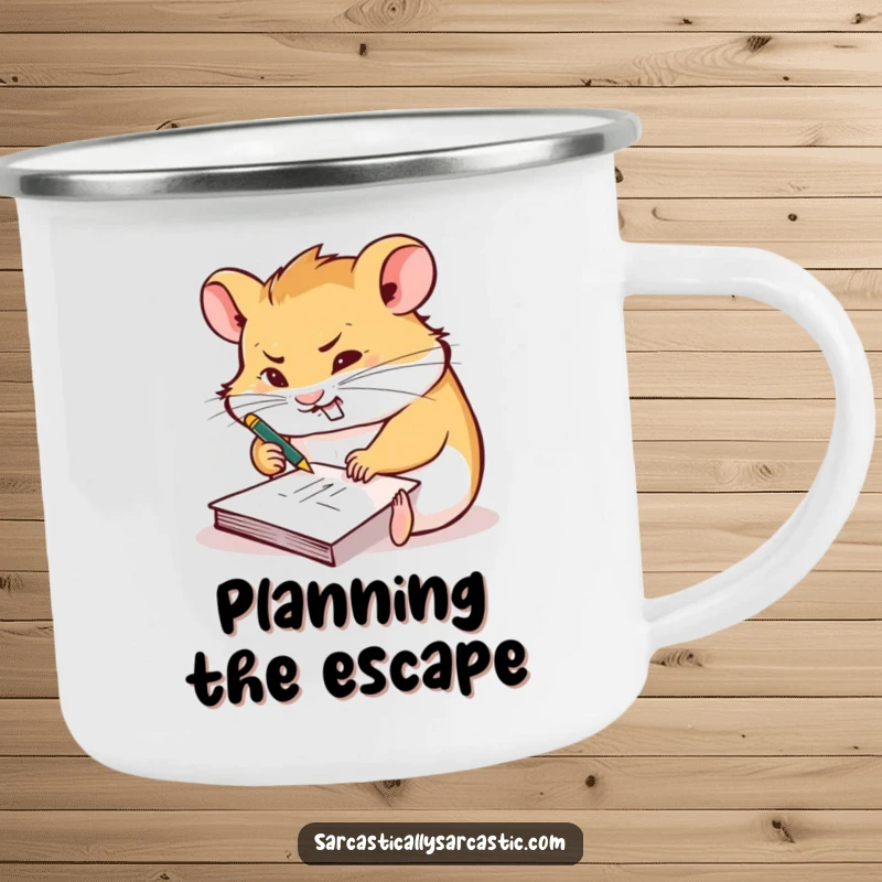 Funny camping mug showing a hamster furiously scribbling on a tiny notepad with a smirk, perfect for creative adventures.