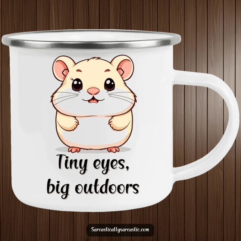 Funny enamel camping mug with a cute hamster character, grinning knowingly, perfect for outdoor use and adding adorable intelligence to camping trips.