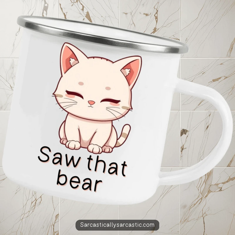 Funny camping mug featuring a kawaii cat with a slow, knowing blink, designed for outdoor enthusiasts who appreciate subtle humor.